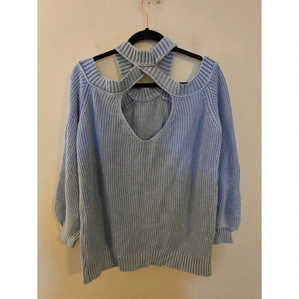 VICI Women's Size Medium Long‎ Sleeve Blue Cold Shoulder Oversized Sweater Beach